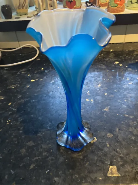 Murano Style Twist Glass Vase Blue Cased Tall Cased Turquoise 9.5Inches Tall