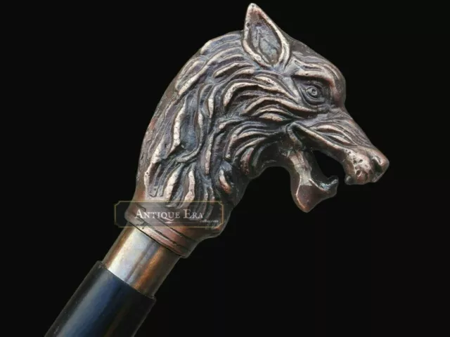 Aluminium Antiqued Wolf Head Handle Wooden Walking Stick Cane Father's Day Gift