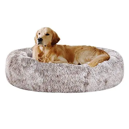 Oval Calming Donut Cuddler Dog Bed,Shag Faux Fur XL(36"x27"x7") Light Brown