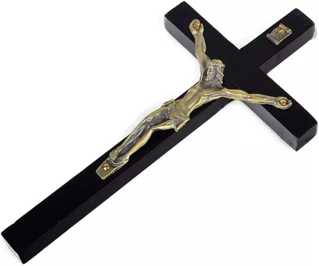 Vintage Wooden Metal Wall Cross Crucifix Holy Religious Carved Christ Black 2