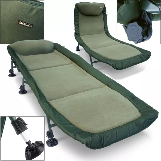 Fishing Bed Chair Reclining 6 Adjustable Legs Bedchair Fleeced Carp Camping NGT