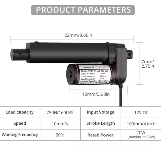 12V linear actuator Heavy Duty 750N  4" / 10cm stroke