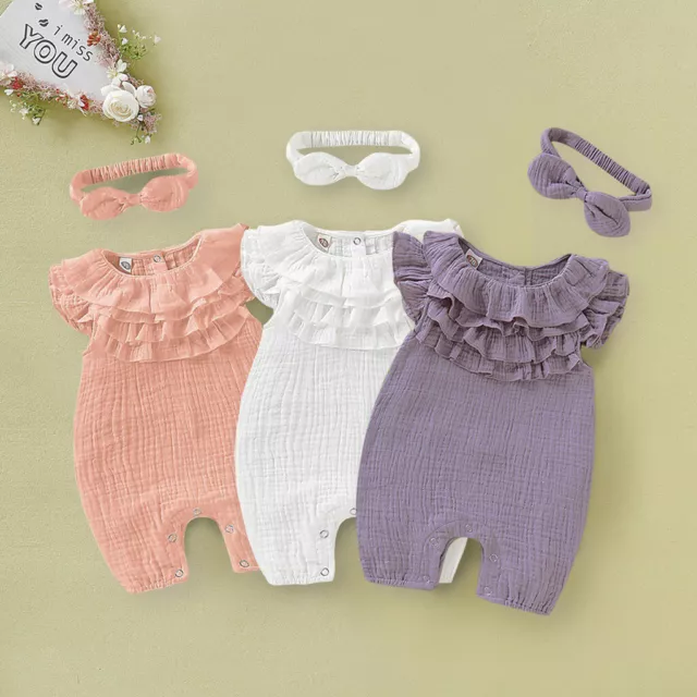 Newborn Baby Girls Solid Sleeveless Jumpsuit Romper+Headband Clothes Outfits Set