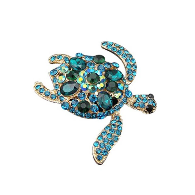 Broche Bijou Tortue Or Avec Cristaux émeraude Et Bleu - Motif Relief, Occasion Très Bon état