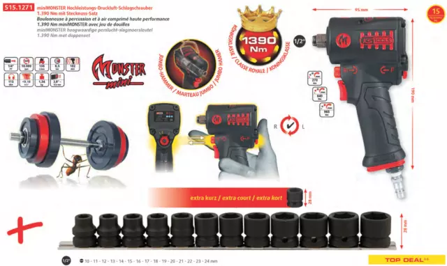 KS TOOLS Minimonster Clé D'Impact D'Air 1390Nm + Jeu de Douilles 515.1270