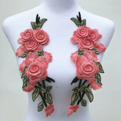 2 pares de apliques para prendas de cuello floral bordado de flor rosa costura con parche de tela