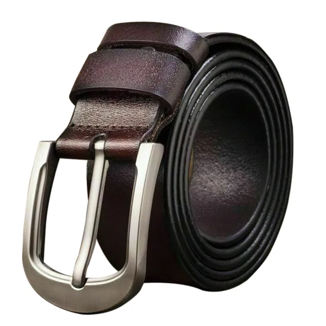 100% Mens Genuine Leather Real Belt Belts Silver Buckle Trouser Brown Black USA