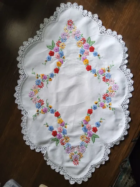 Vintage Cotton Linen Crochet Embroidery Handmade White Floral Large Centrepiece