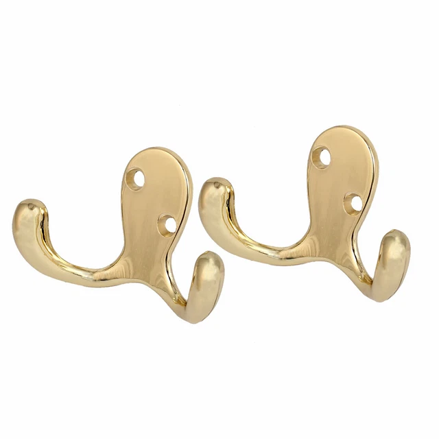 Zinc Alloy Wall Mount Robe Coat Hat Double Hook Hanger Gold Tone 2pcs