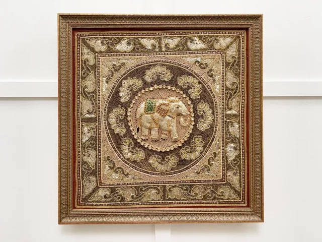 Vintage Burmese Kalaga Tapestry with Jewl colored features (green and red)