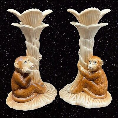 Fitz and Floyd Monkey Candle Holder Palm Trees Brown Set Candlesticks Vintage