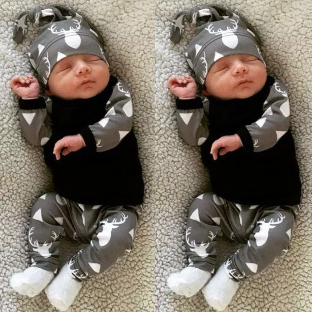 Newborn Infant Baby Boys Clothes Long Sleeve T-Shirt Tops Pants Hat Outfits Set