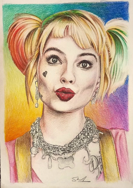 ORIGINAL COLOUR PENCIL Drawing of Harley Quinn, Margot Robbie , DC ...