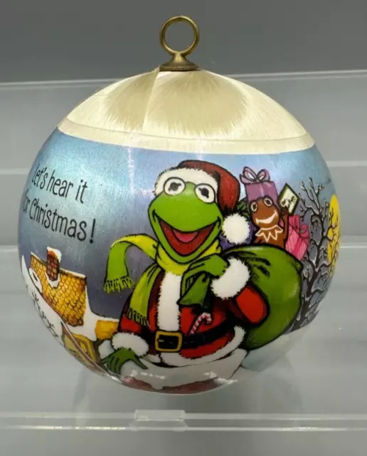 1981 Hallmark Muppets Miss Piggy Kermit Satin Ball Christmas Ornament in box