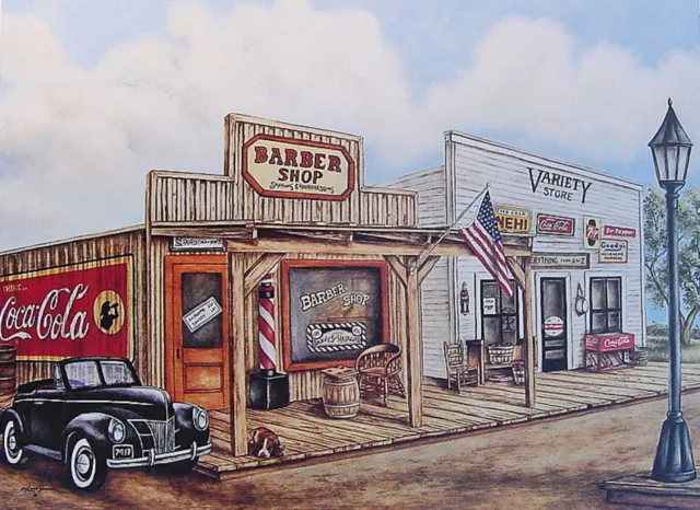 Old CountryTown Print Barber Shop with Coca Cola Sign Old Car and Variety Store