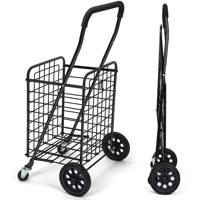 Black Folding Shopping Cart Utility Carts Rolling Laundry Basket w/ Dual Wheels