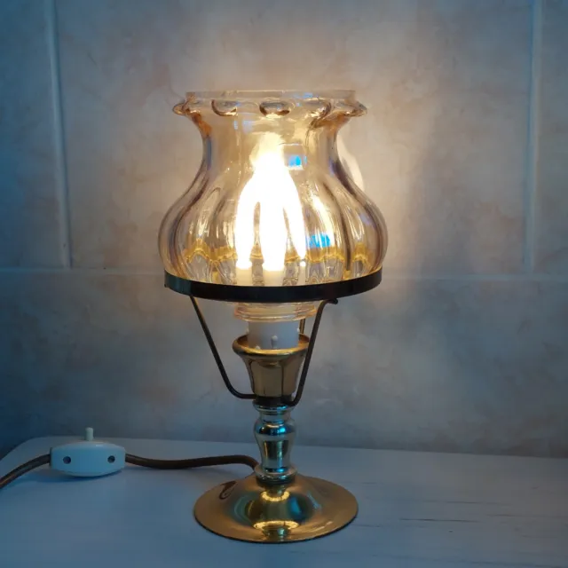 Vintage Electric Table Lamp Oil Lamp Style Art Deco Brass Glass Shade Interior