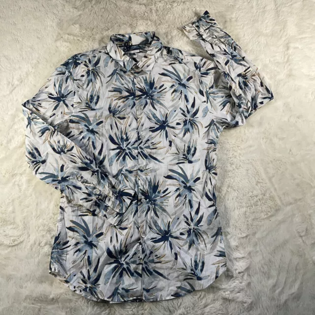 IKKS Mens M Blue Long Sleeve Button Down Shirt Flower Print - France
