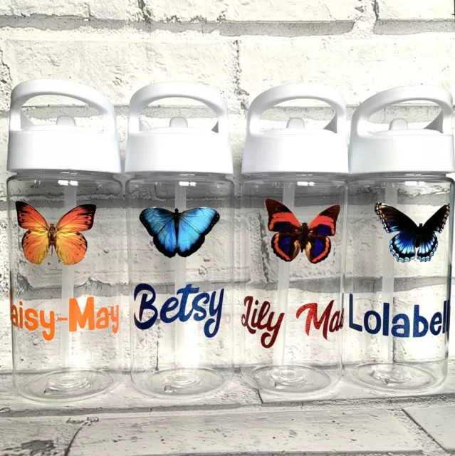 Personalised Butterfly Kids Water drink Bottle 450ml Flip spout straw BPA Free