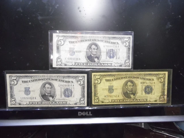 (3) Blue Seal $5.00 Silver Certificate-Series 1934 A 1934 C 1934 C