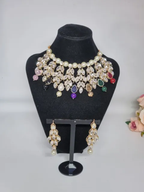 Indian Pakistani Gold Set With multi  And  Pearl Stones