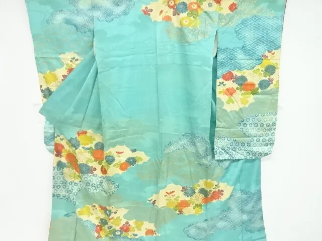 80190# Japanese Kimono / Antique Furisode / Embroidery / Cloud With Kiku