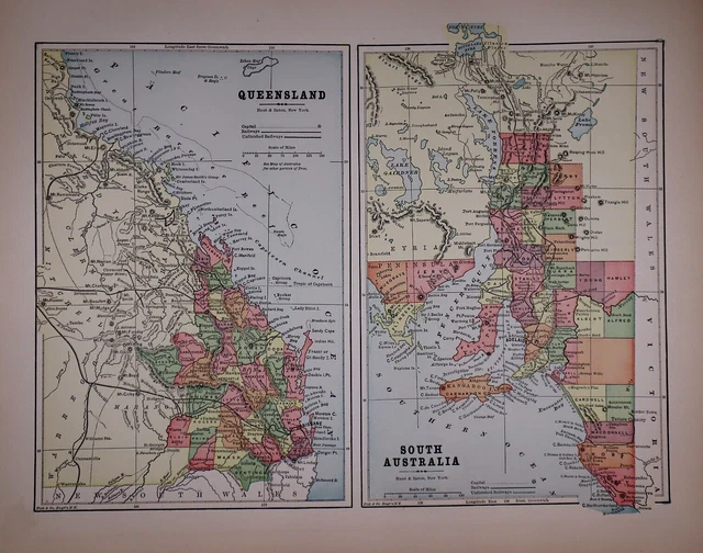 Old Original 1896 Atlas Map ~ QUEENSLAND - SOUTH AUSTRALIA ~ (11x14) -#1348