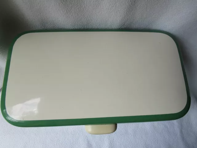 schöne alte große Brotdose Brotkasten Emaillle weiß mit grünem Rand 41x23x15cm 2