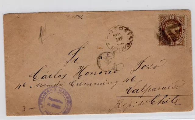 BOLIVIA 1896 Potosi to Chile Valparaiso by UYUNI SCARCE sort postmark C4