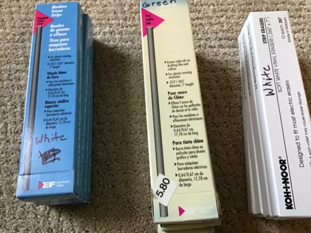 Machine eraser strips in boxes. White and Green colored erasers. Machine eraser strips in boxes. White and Green colored erasers.