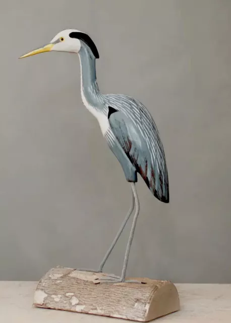 14” Hand Carved And Painted Great Blue Heron Coastal Sea Bird Driftwood