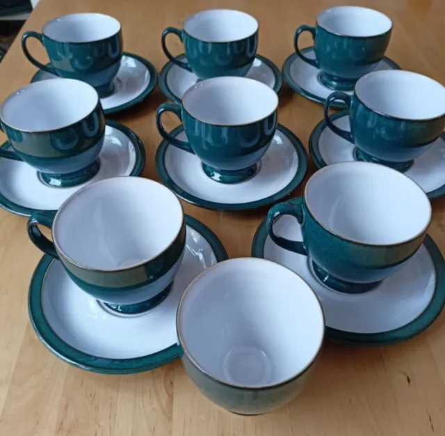 x8 DENBY GREENWICH GREEN FOOTED TEA CUPS & SAUCERS SET / COFFEE - FIRST QUALITY