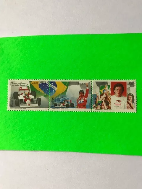 Ayrton Senna Brazil 1994 Stamps - Set of 3 mounted on green background -