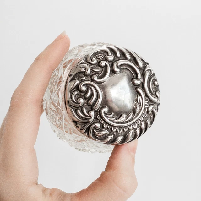 1900 Cane Cut Glass & Sterling Silver Antique Fern Victorian Vanity Dresser Jar