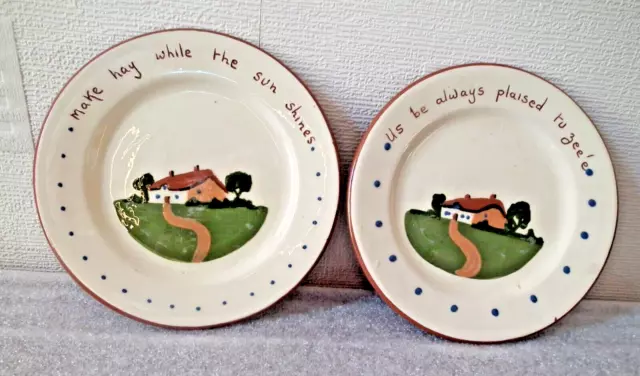 Dartmouth Pottery Plates x 2 Old Devon Sayings Make hay / Us be always plaised