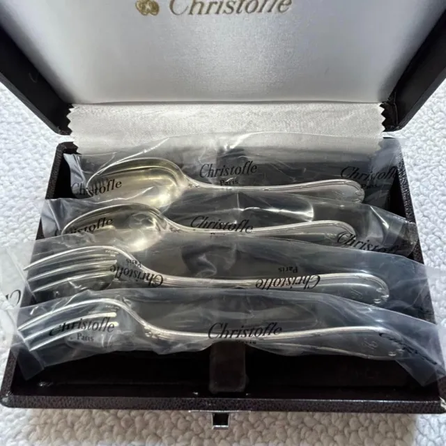 Christofle 2 Spoons 2 Forks Set of 4 Ruban series Silver plated Cutlery w/ Box
