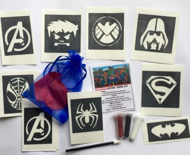 Superhero Mini glitter tattoo kit party bag stocking filler.Stencil glitter glue