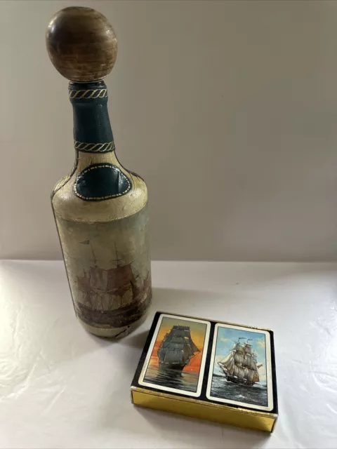 Nautical decor Italian Leather Wrapped Decanter Liquor Bottle Playing Cards