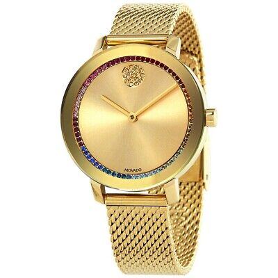 Movado Bold $795 Women's Gold, Color Crystals Mesh Strap Watch Evolution 3600699