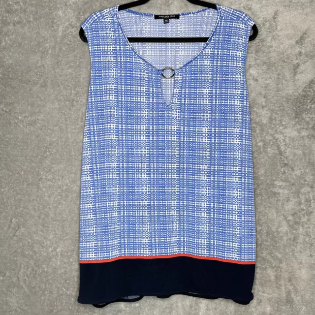 Jones New York 1X Shirt Top Blue Geometric Sleeveless Scoop Neck Keyhole Stretch