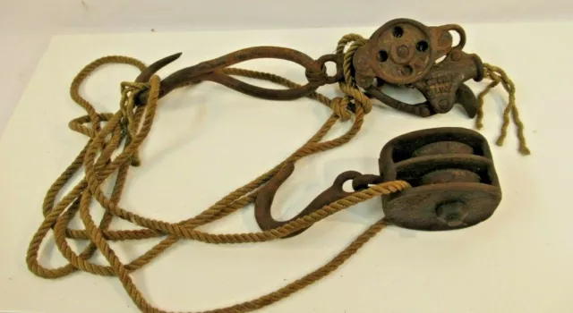 Cast Iron Block Tackle Pulley System Double w Rope VTG Large Rusted Barn Tools