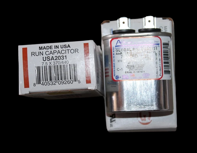NEW 7.5 MFD x 370/440 VAC Oval Run Capacitor AmRad USA2031  Made in USA 7.5 x