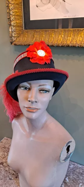 Women's Victorian steampunk top hat black w red flowers feathers rhinestones