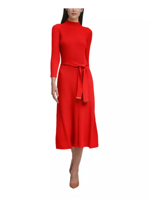 CALVIN KLEIN Womens Red Knit 3/4 Sleeve Midi Wear To Work Sweater Dress XL