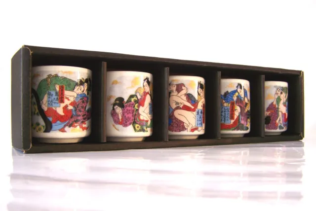 Boxed Set of 5 Erotic Japanese Geisha Sake Cups - Shot Glasses