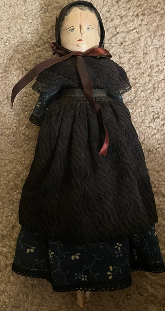 Antique 12" Grodnertal Peg Wooden Jointed Doll In Amana Dress GORGEOUS