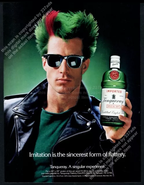 1988 Tanqueray Gin green red hair punk with bottle photo vintage print ad