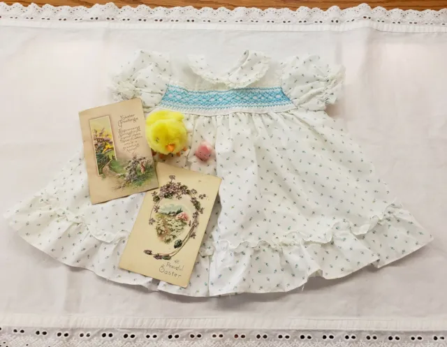 Vintage Sweet Smocked ruffled Baby Dress for Easter Lovely Shape Blue white