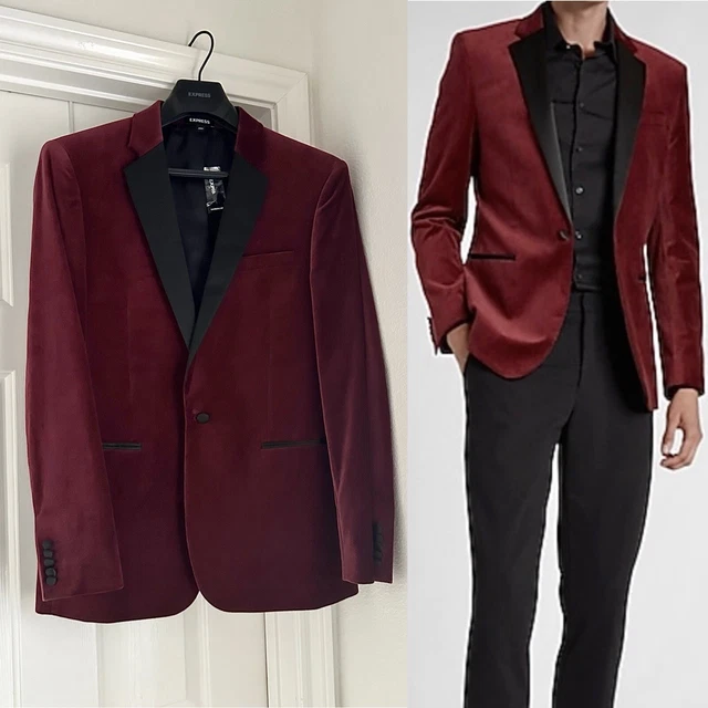 ✨New EXPRESS Slim Solid Red Burgundy Velvet Tuxedo Blazer Mens Size 38R $248