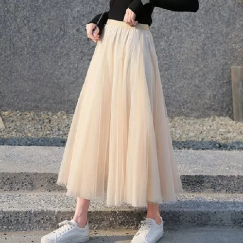 Ladies High waistRuffel Mesh TUTU Skirt 3 Layers Fancy Net Tulle Pleated Dress
